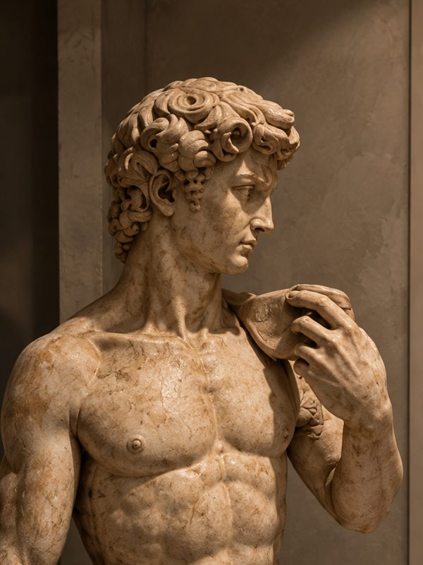 The David sculpture, part of the art at BAELISH, in warm evening light
