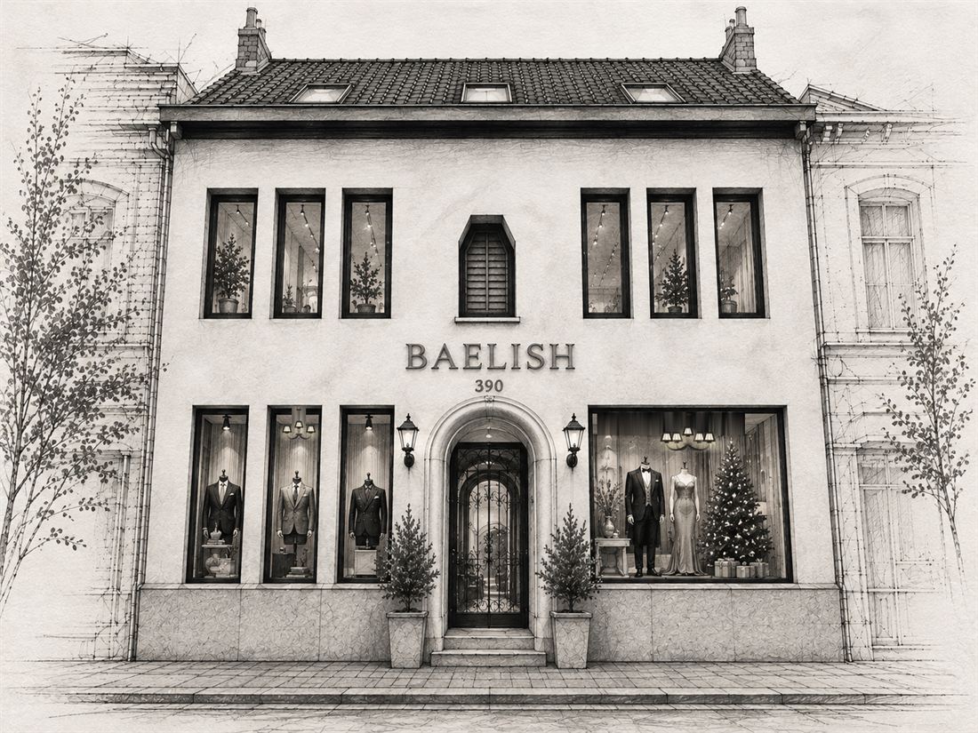 Sketch of the BAELISH house in Brasschaat, its windows dressed with tailored suits